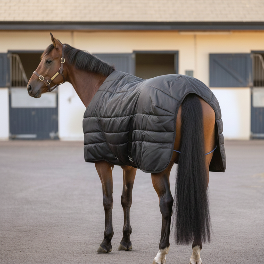Virolla 100g Black stable rug rear view - premium quilted black fabric on hindquarters of bay thoroughbred, stable yard