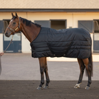 Virolla 100g Black stable rug lifestyle - bay thoroughbred in premium quilted black rug with handler, brand-side view in stable yard