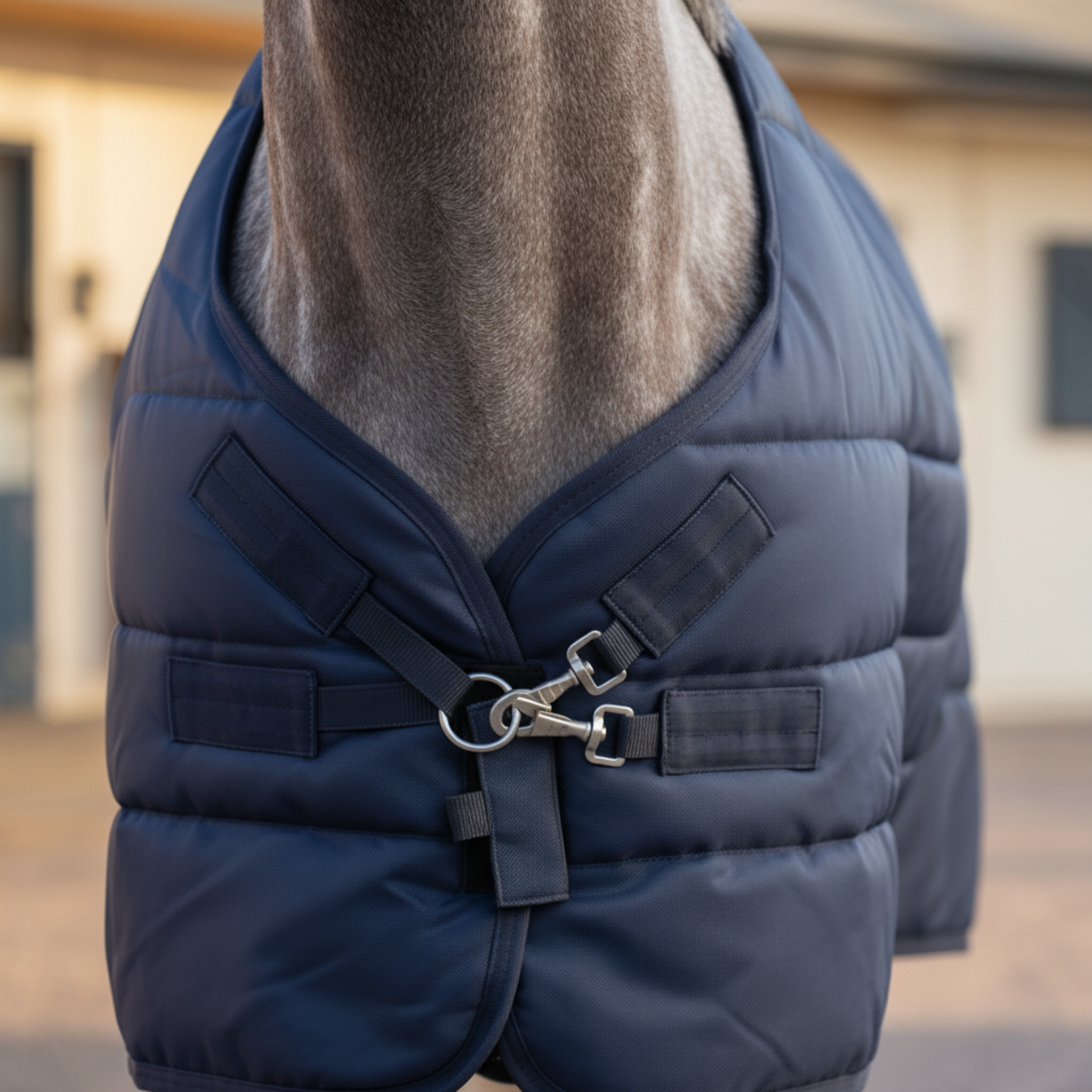 Virolla 100g Navy stable rug chest closure detail - silver D-ring with twin T-clip hooks on premium quilted navy fabric