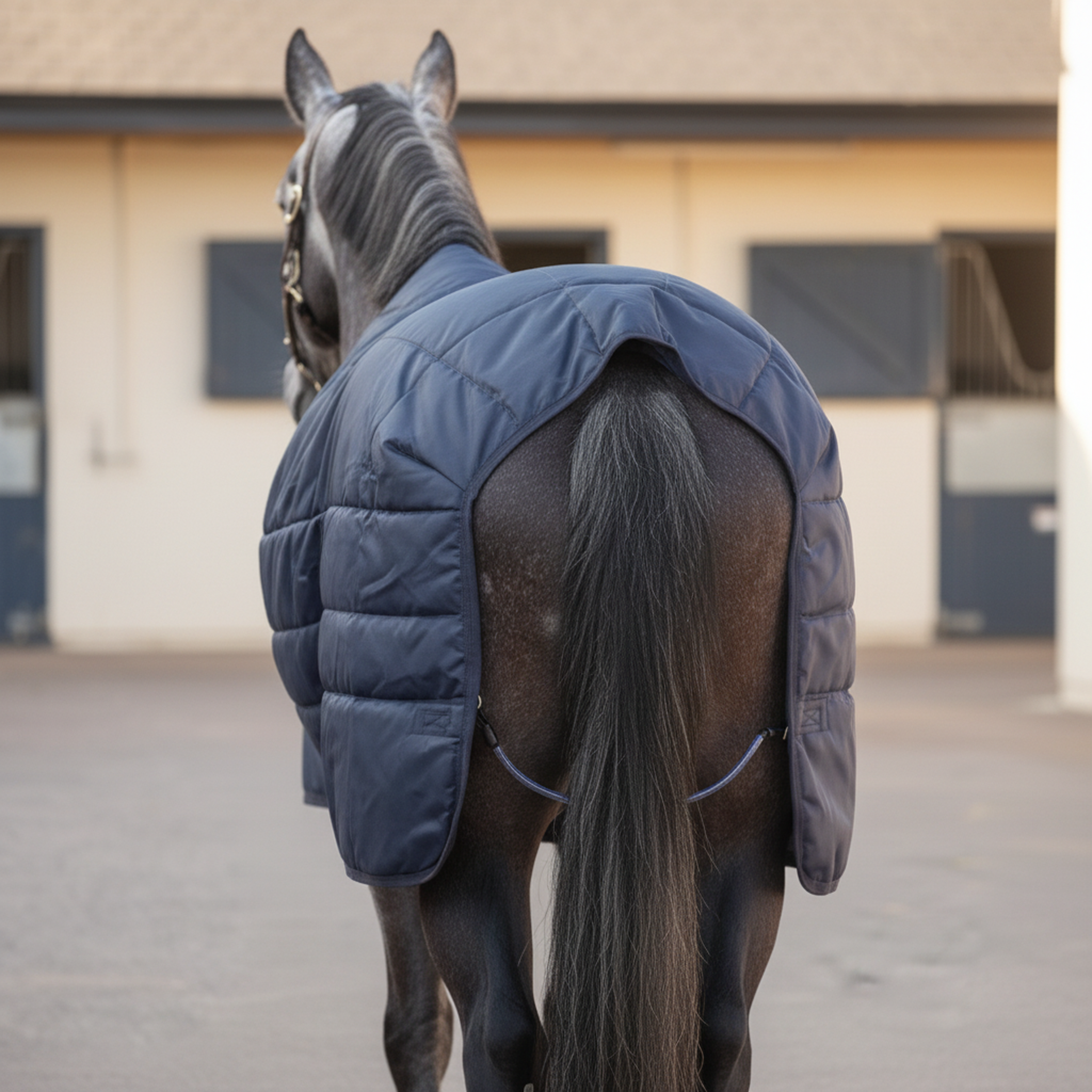Virolla 100g Navy stable rug rear view - leg strap on premium quilted navy fabric across hindquarters of grey thoroughbred, stable yard