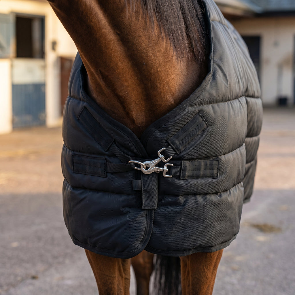 Virolla 200g Black stable rug chest closure detail - silver D-ring with twin T-clip hooks on premium quilted black fabric