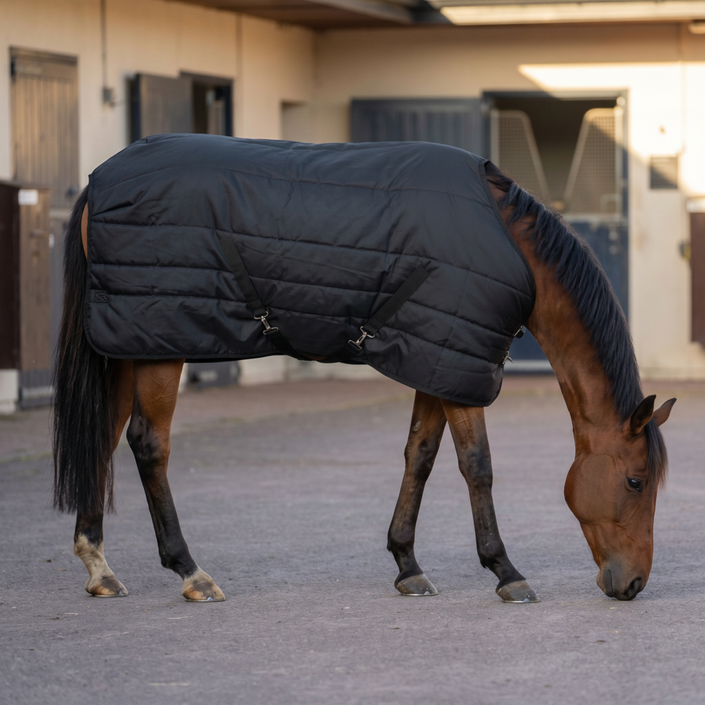 Virolla 200g Black stable rug lifestyle - bay thoroughbred grazing in premium quilted black rug, golden-hour stable yard