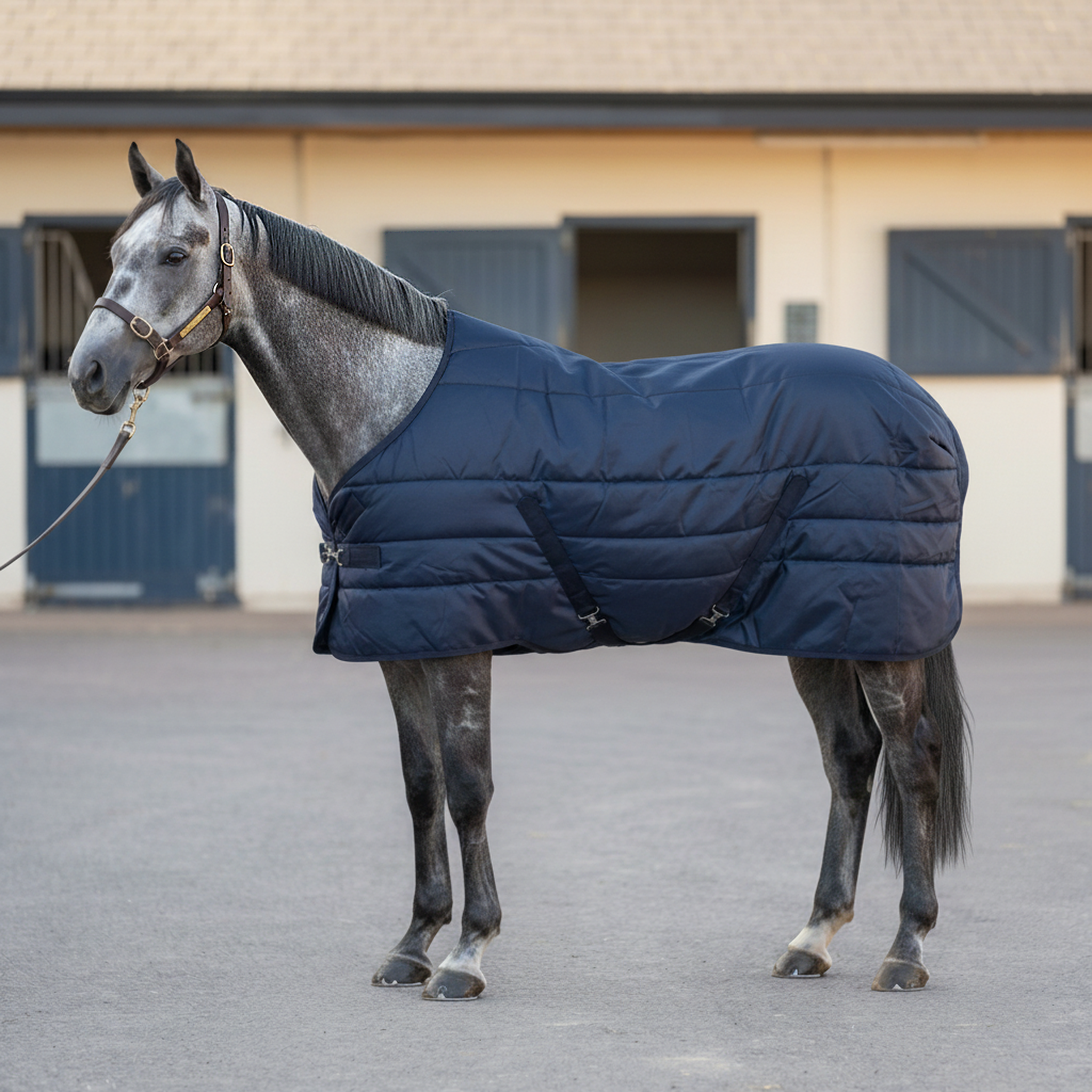 Virolla 200g Black stable rug lifestyle - bay thoroughbred grazing in premium quilted black rug, golden-hour stable yard