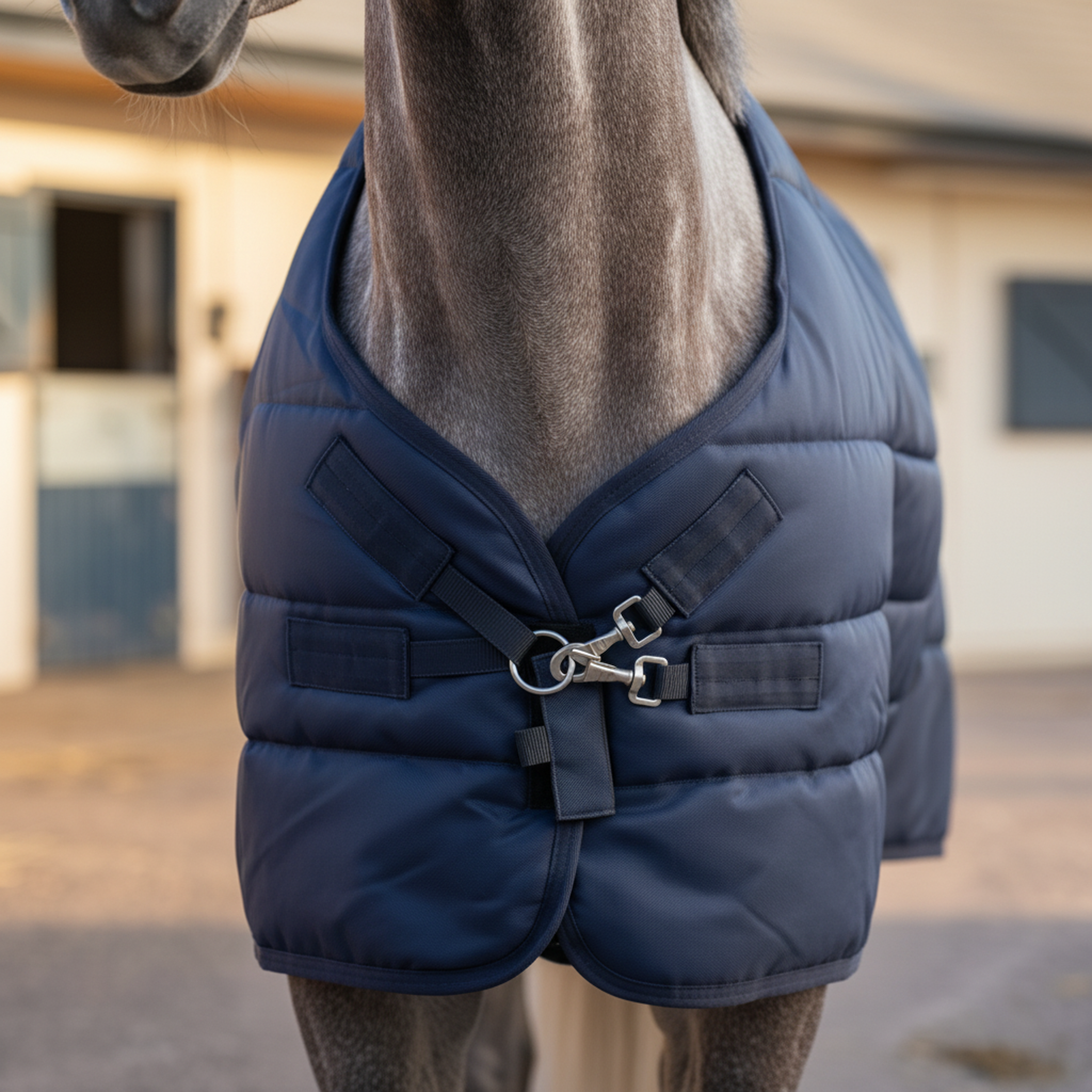Virolla 200g Navy stable rug chest closure detail - silver D-ring with twin T-clip hooks on premium quilted navy fabric