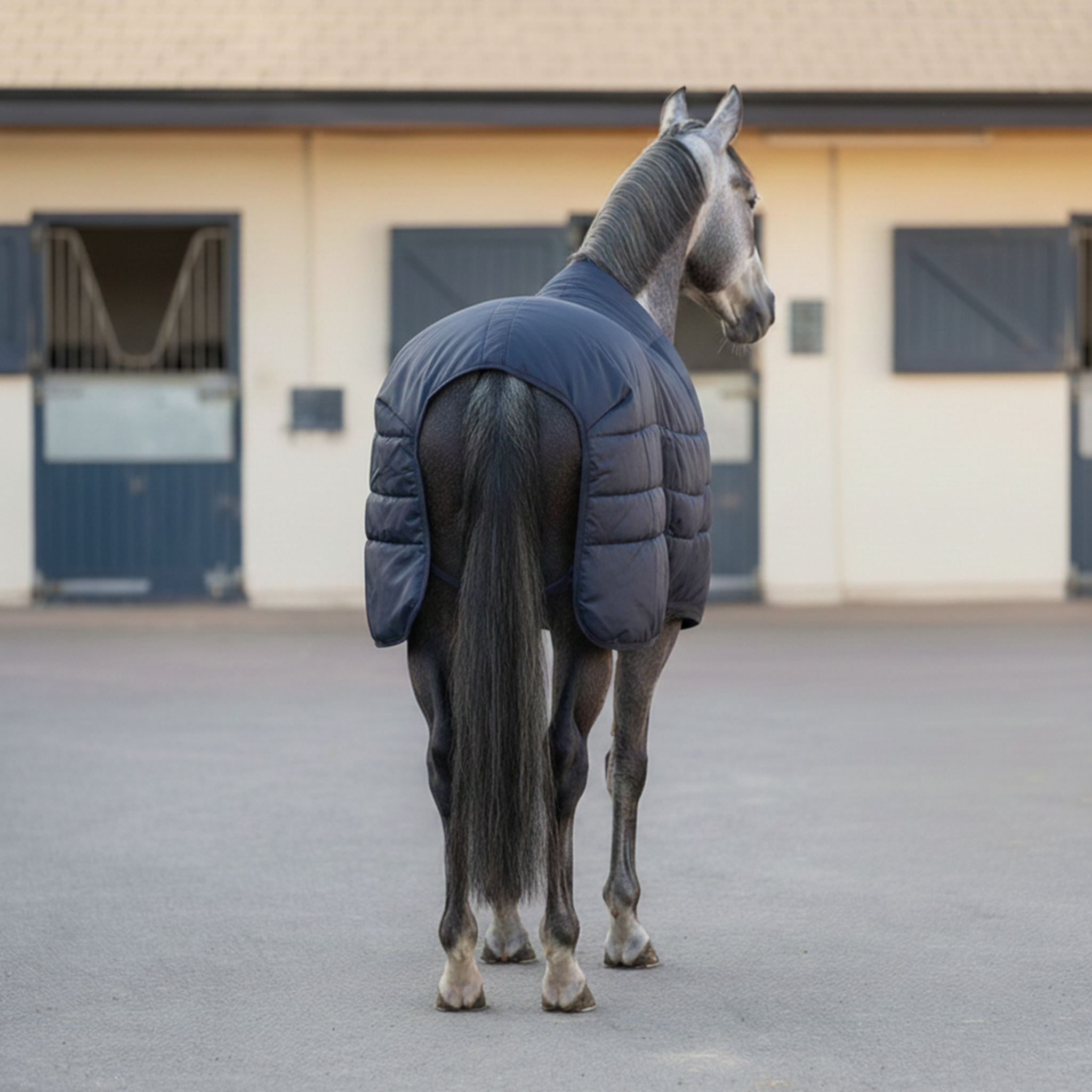Virolla 200g Navy stable rug rear view - premium quilted navy fabric on hindquarters of grey thoroughbred, stable yard